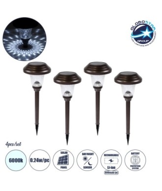 GloboStar® 69927 ΣΕΤ 4 Τεμαχίων Αυτόνομα Ηλιακά Φωτιστικά LED SMD 0.24W-Τεμ. 24lm-Τεμ. με Ενσωματωμένη Μπαταρία 600mAh - Φωτοβολταϊκό Πάνελ με Αισθητήρα Ημέρας-Νύχτας Αδιάβροχο IP65 Φανάρι Κήπου Στρογγυλό Ψυχρό Λευκό 6000K Φ12 x Υ23cm